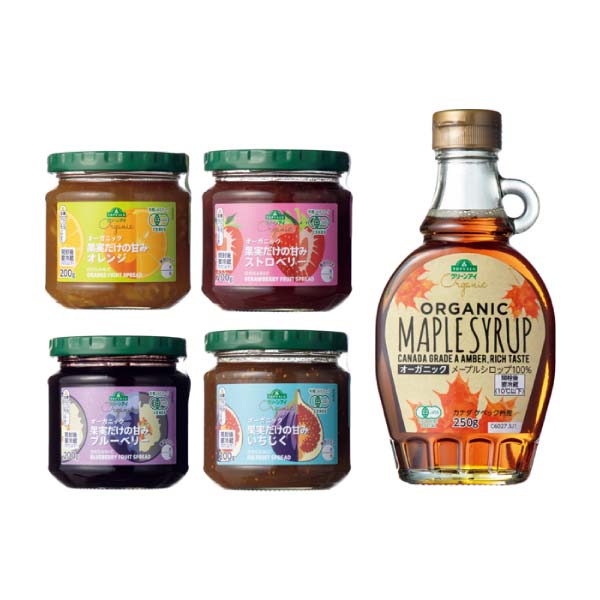 トップバリュ グリーンアイオーガニック オーガニック フルーツスプレッド＆メープルシロップセット【冬の贈りもの・お歳暮】[TVGE JAM5]　商品画像1
