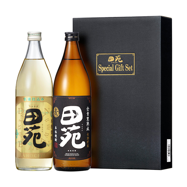 田苑酒造 田苑(樽・甕壷)貯蔵セット (25度田苑金ラベル(麦)900ml・25度田苑黒ラベル(麦)900ml)【お届け期間：9月12日〜9月16日】【敬老の日】　商品画像1