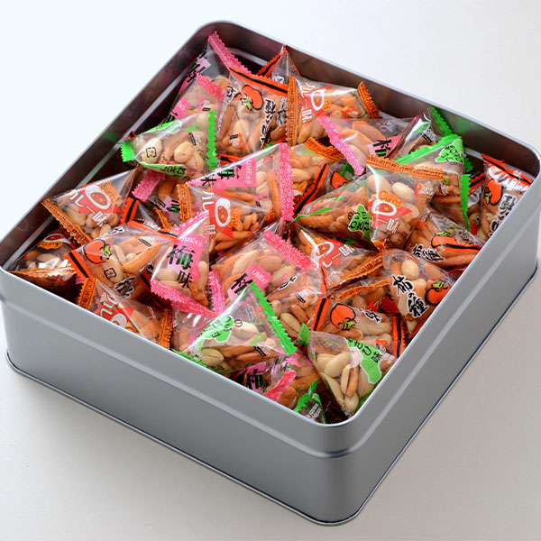 大阪竹新 変り種の柿ピー詰合せ【缶入】 柿の種(醤油・わさび・梅・カレー)&ピーナッツ 650g(個包装紙込)【冬の贈りもの・お歳暮】【NN】 商品画像1