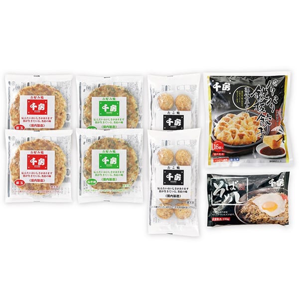 大阪 千房 千房よりどりセット(NS5) 1740g (お好み焼豚玉×2、ねぎ焼×2、たこ焼×2、そばめし×1、パリパリ鉄板餃子×1) 千房グルメをよりどり詰め合わせ【＠FROZEN】　商品画像2