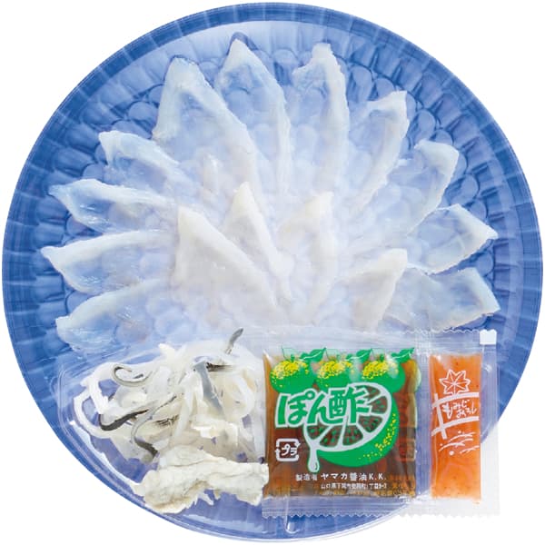 山口 日高本店 ふくざんまい(刺身・ちり) (国産養殖とらふく刺身20g・とらふく皮湯引き10g・ぽん酢・もみじおろし)各2、国産まふくちり身200g、ぽん酢・もみじおろし 各2【NN】　商品画像3