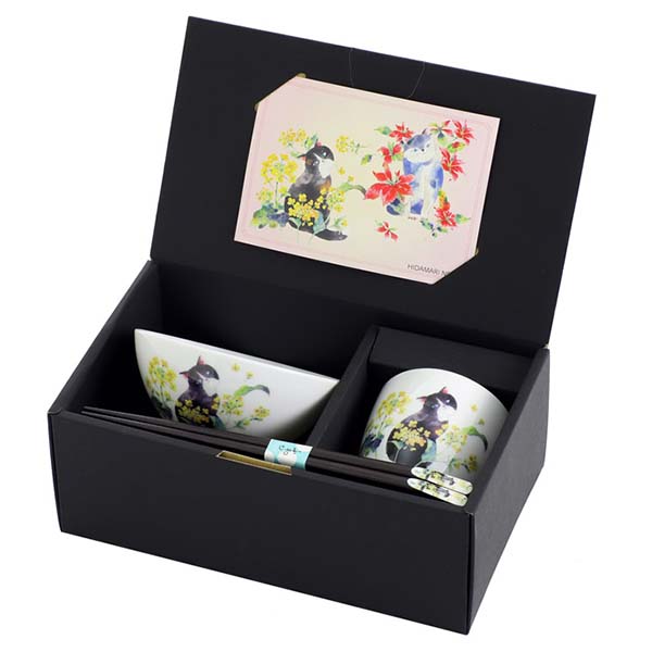 藍セレクション ひだまり猫飯碗湯呑 菜の花(天宝箸付) [23187]【母の日】　商品画像1