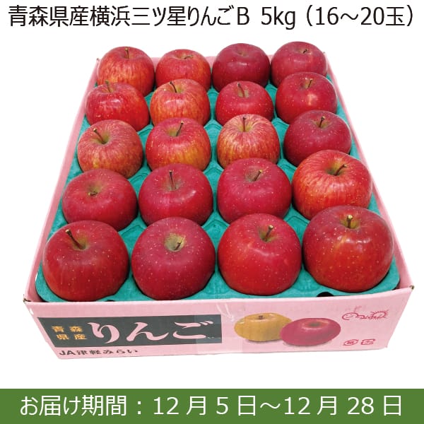 青森県JA津軽みらい 青森県産横浜三ツ星りんごB(5kg 16玉〜20玉)【お届け期間：12/5(木)〜12/28(土)】【ふるさとの味・南関東】　商品画像1