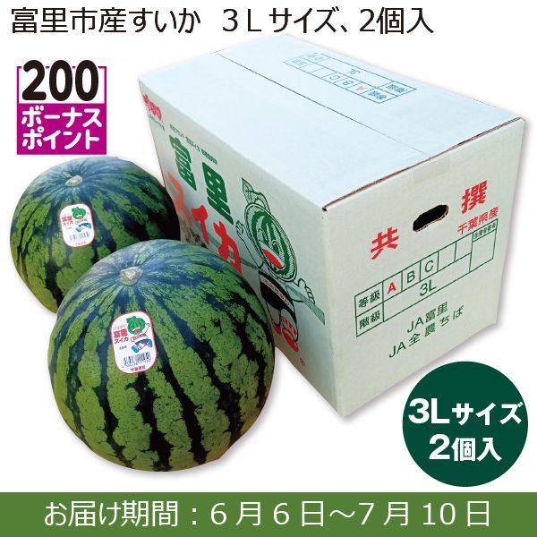 千葉県産 富里市産すいか(3Lサイズ2個入)【お届け期間:6/6(木)〜7/10(水)】【ふるさとの味・南関東】　商品画像1