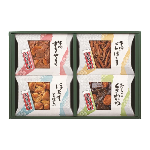 浅草今半 おこの味連MA-30 牛肉すきやき55g/牛肉ごぼう55g/ほたて美味煮60g/たらこくきわかめ70g 【お届け期間:11/11(火)〜1/10(金)】【冬の贈りもの・お歳暮】【MK】 商品画像1