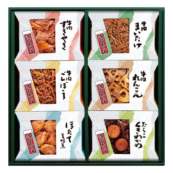 浅草今半 おこの味連MA-40 牛肉すきやき/牛肉ごぼう/牛肉まいたけ/牛肉れんこん/ほたて美味煮/たらこくきわかめ 【お届け期間:11/11(火)〜1/10(金)】【冬の贈りもの・お歳暮】【MK】 商品画像1