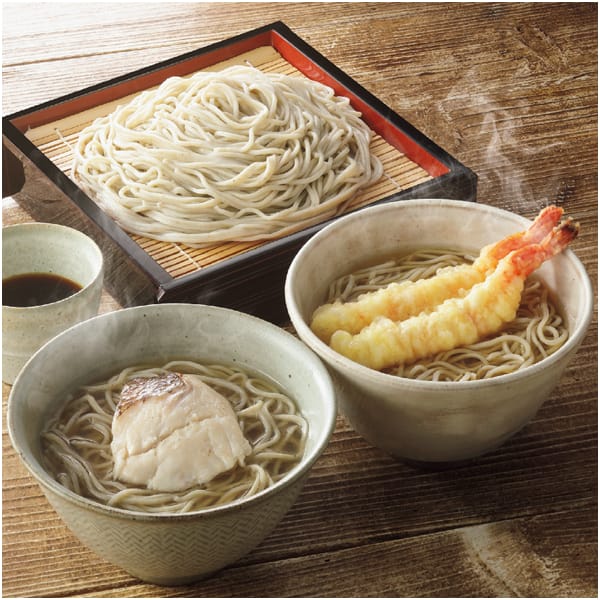 京都 よしむら 渡月庵 馳走そば3種食べくらべ ざる馳走そば(生そば・そばつゆ)、海老天馳走そば(生そば、海老天、温だし、だしパック)、鯛馳走そば(生そば、鯛切身、温だし、鯛スープ)【NN】　商品画像1