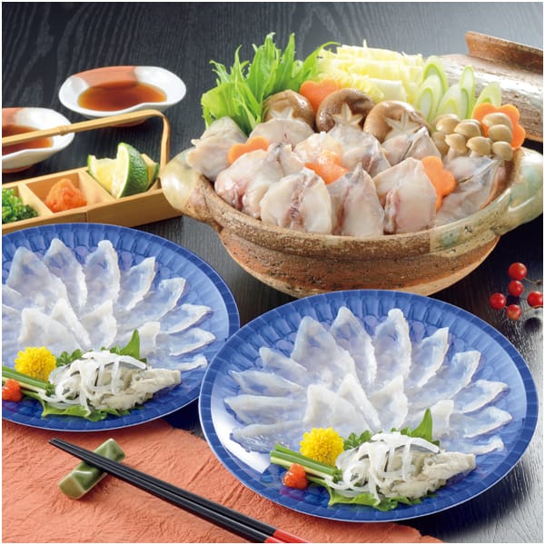 山口 日高本店 ふくざんまい(刺身・ちり) (国産養殖とらふく刺身20g・とらふく皮湯引き10g・ぽん酢・もみじおろし)各2、国産まふくちり身200g、ぽん酢・もみじおろし 各2【NN】　商品画像1