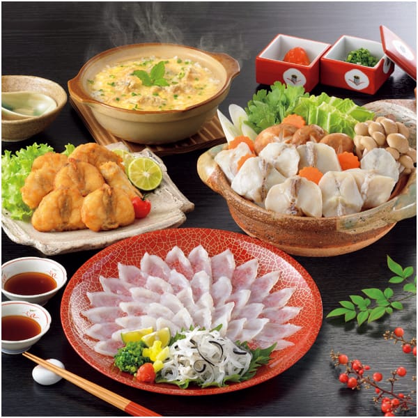 山口 日高本店 国産ふくづくし 国産養殖とらふく刺身60g、とらふく皮湯引き30g、ごまふくちり150g、ごまふく唐揚げ150g、とらふく雑炊スープ340g、ぽん酢・もみじおろし 各6【NN】　商品画像1