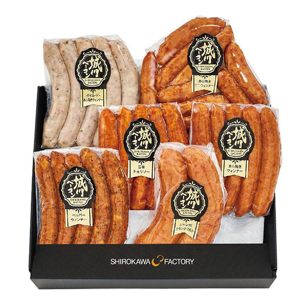 愛媛 城川ベーコン ウインナーセット あら挽きウインナー/ペッパーウィンナー/あら挽きミニウィンナー/ジャンボフランクフルト/ボイル・ド・あら挽きウインナー/旨辛チョリソー 各1個入り【NN】　商品画像1