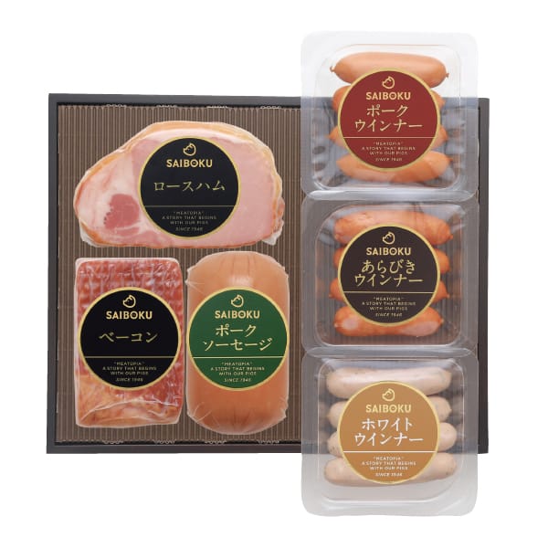 埼玉 SAIBOKU ロースハムのバラエティセット(ロースハム、ベーコン、ポークソーセージ、ポークウインナー、あらびきウインナー、ホワイトウインナー各1個)【夏の贈りもの・お中元】【KN】　商品画像1