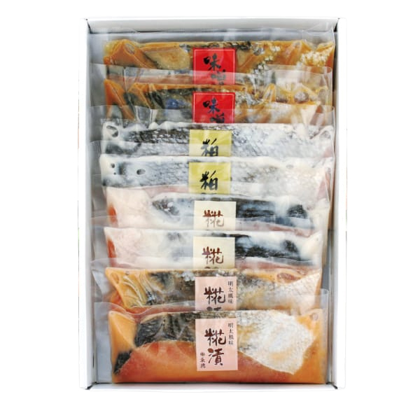 新潟 永徳 鮭彩菜セット(秋鮭の味噌漬1切×2、秋鮭の粕漬1切×2、秋鮭の糀漬明太風1切×2、秋鮭の糀漬1切×2)【夏の贈りもの・お中元】【KN】　商品画像1