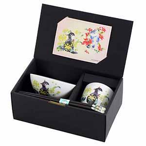 藍セレクション ひだまり猫飯碗湯呑 菜の花(天宝箸付) [23187]【母の日】