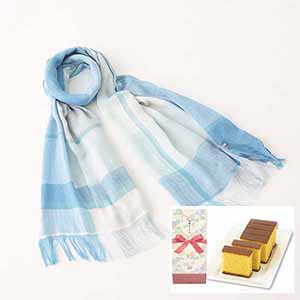 今治コットンチェックストールブルー＆長崎カステラ [HA-001B]【母の日】