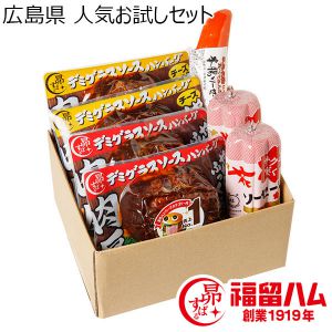 広島県 人気お試しセット 花ソーセージ255g×2、本腸ソーセージ170g、肉厚ハンバーグデミグラスソース255g×2、肉厚ハンバーグチーズ255g×2【ふるさとの味・中四国】