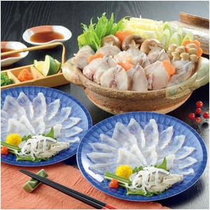 山口 日高本店 ふくざんまい(刺身・ちり) (国産養殖とらふく刺身20g・とらふく皮湯引き10g・ぽん酢・もみじおろし)各2、国産まふくちり身200g、ぽん酢・もみじおろし 各2【NN】