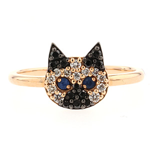 [12号]K18YG ブラックダイヤ/ダイヤ/サファイヤネコリング【限定15点】 (お届け期間：5月7日〜5月10日)【母の日】