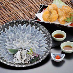 旬とごちそうコース「お肉・海鮮・果物」　ふく太郎本部 とらふく刺身・ふくから揚げセット