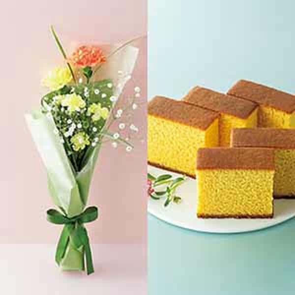 茨木春草園 カーネーションブーケ+長崎本舗 プレーンカステラ【父の日】