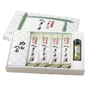 新潟 わたや へぎそば乾麺４袋つゆ付みどりのラー油セット【父の日】【KN】